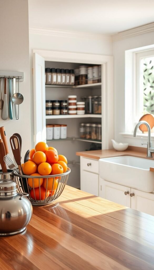 A bright, organized kitchen featuring elegant routines that promote a clutter-free space. In the foreground, a polished wooden countertop displays neatly arranged kitchen tools and a vibrant fruit basket. The middle ground shows a spacious sink with dishes neatly drying on a rack, and magnetic spice jars lining the wall. The background features an open pantry with clear containers and labeled shelves, conveying a sense of order. Soft, natural light streams in through a window, illuminating the scene and casting gentle shadows. The atmosphere is serene and inviting, embodying a sense of calm and efficiency. The composition emphasizes functionality and cleanliness, showcasing how effective routines contribute to a tidy kitchen environment. A bright, organized kitchen featuring elegant routines that promote a clutter-free space. In the foreground, a polished wooden countertop displays neatly arranged kitchen tools and a vibrant fruit basket. The middle ground shows a spacious sink with dishes neatly drying on a rack, and magnetic spice jars lining the wall. The background features an open pantry with clear containers and labeled shelves, conveying a sense of order. Soft, natural light streams in through a window, illuminating the scene and casting gentle shadows. The atmosphere is serene and inviting, embodying a sense of calm and efficiency. The composition emphasizes functionality and cleanliness, showcasing how effective routines contribute to a tidy kitchen environment.