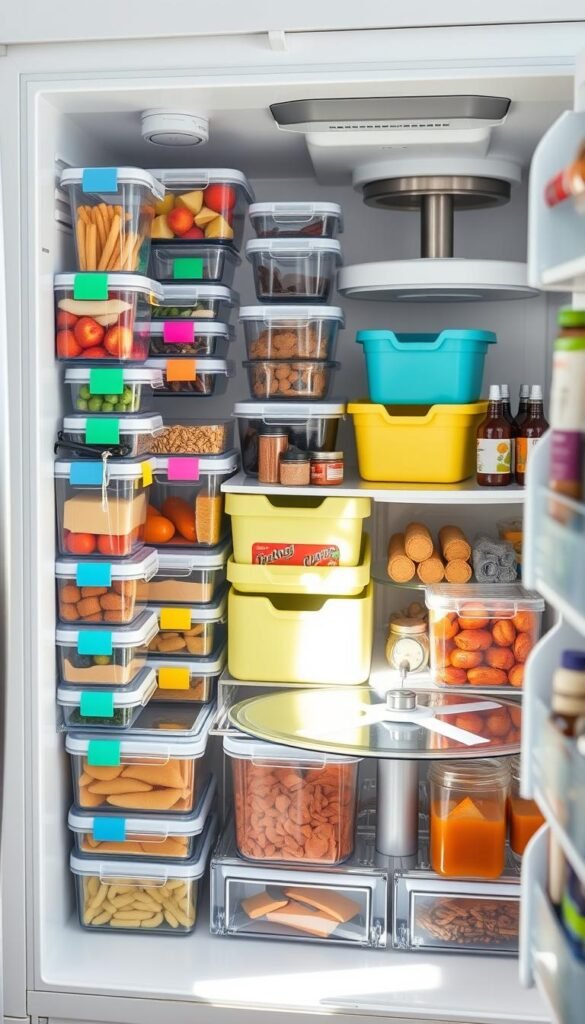 A bright, organized kitchen fridge filled with various transparent containers, colorful bins, and a lazy Susan turntable. In the foreground, showcase a beautifully arranged set of stackable containers, each labeled with colorful tags, holding everything from fresh fruits to leftovers. The middle section features cheerful pastel bins, neatly storing snacks and sauces, while the turntable in the corner rotates displaying jars of condiments and spices. The background reveals a clean, modern kitchen with soft, natural lighting streaming in from a nearby window, accentuating the crispness and clarity of the food items. Capture the atmosphere of efficiency and harmony, inviting busy families to envision a clutter-free fridge that keeps everything visible and easily accessible. A bright, organized kitchen fridge filled with various transparent containers, colorful bins, and a lazy Susan turntable. In the foreground, showcase a beautifully arranged set of stackable containers, each labeled with colorful tags, holding everything from fresh fruits to leftovers. The middle section features cheerful pastel bins, neatly storing snacks and sauces, while the turntable in the corner rotates displaying jars of condiments and spices. The background reveals a clean, modern kitchen with soft, natural lighting streaming in from a nearby window, accentuating the crispness and clarity of the food items. Capture the atmosphere of efficiency and harmony, inviting busy families to envision a clutter-free fridge that keeps everything visible and easily accessible.