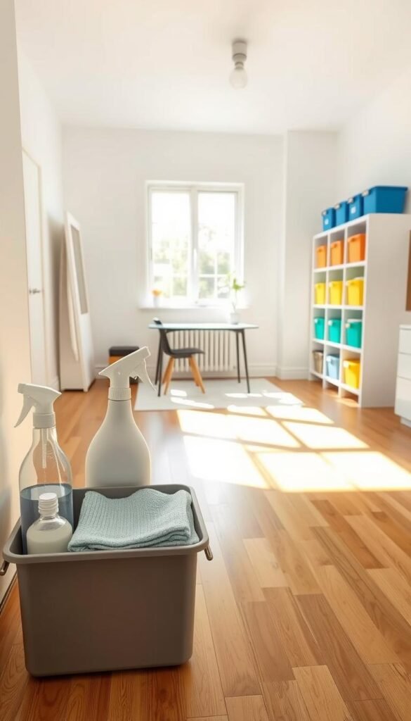 A bright, organized room showcasing a minimalist design focused on cleaning systems. In the foreground, a sleek, modern cleaning station with neatly arranged cleaning supplies, including a spray bottle, microfiber cloths, and a simple cleaning caddy. The middle ground features an uncluttered workspace with a small table and chair, sunlight streaming through a large window, casting soft shadows on the hardwood floor. In the background, a wall with color-coded storage bins neatly labeled for different cleaning tasks, promoting a tidy and efficient atmosphere. Soft, natural lighting enhances the sense of cleanliness and simplicity, with a cheerful, inviting mood throughout the space, perfect for showcasing effective cleaning strategies.