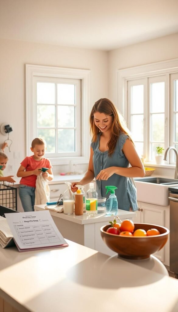 A bright, sunlit kitchen symbolizes a morning cleaning routine. In the foreground, a cheerful family works together, dressed in casual, colorful clothing. They engage in tasks like wiping counters, sorting laundry, and organizing items, showcasing teamwork and participation. The mother utilizes a checklist with simple ADHD-friendly cues on the counter, emphasizing a gentle routine. In the middle, a well-organized kitchen island holds cleaning supplies and a bowl of fresh fruit, suggesting a healthy start. In the background, large windows flood the scene with soft, warm light, creating a cozy, inviting atmosphere. The focus should be on the collaboration and simplicity of the cleaning process, highlighting efficiency and a peaceful morning vibe. A bright, sunlit kitchen symbolizes a morning cleaning routine. In the foreground, a cheerful family works together, dressed in casual, colorful clothing. They engage in tasks like wiping counters, sorting laundry, and organizing items, showcasing teamwork and participation. The mother utilizes a checklist with simple ADHD-friendly cues on the counter, emphasizing a gentle routine. In the middle, a well-organized kitchen island holds cleaning supplies and a bowl of fresh fruit, suggesting a healthy start. In the background, large windows flood the scene with soft, warm light, creating a cozy, inviting atmosphere. The focus should be on the collaboration and simplicity of the cleaning process, highlighting efficiency and a peaceful morning vibe.
