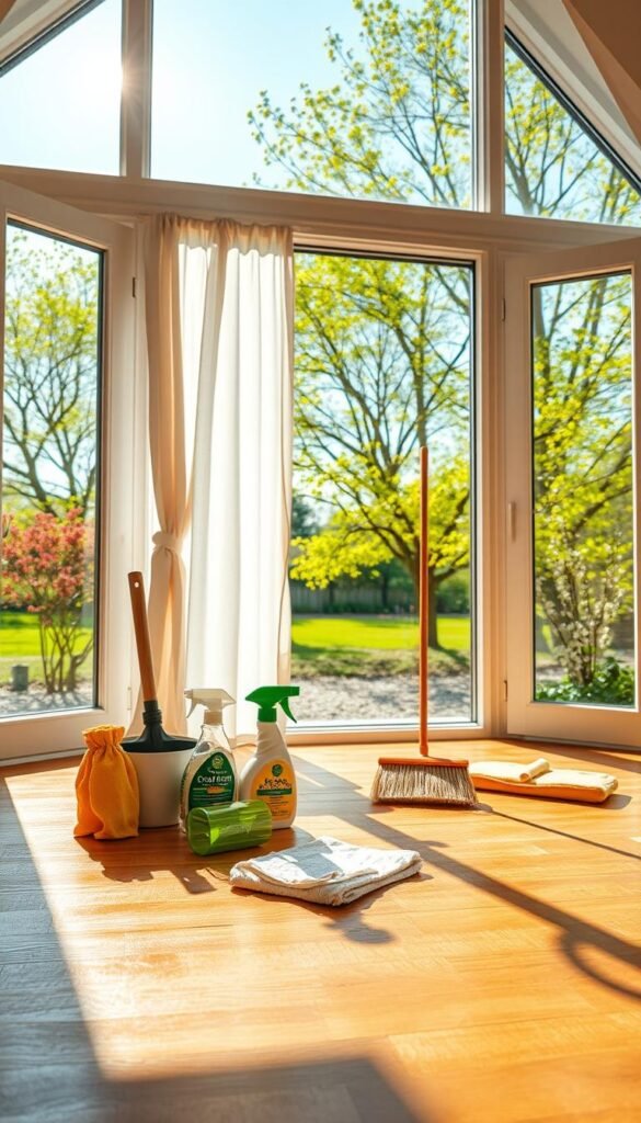 A bright, sunlit room with large, open windows showcasing a vibrant spring landscape outside. In the foreground, a neatly arranged cleaning supplies kit occupies a polished wooden floor, including eco-friendly sprays, microfiber cloths, and brooms. The middle ground features a cozy, inviting space with light-colored curtains gently billowing in a soft breeze, allowing natural light to flood the room. In the background, the fresh green of blooming trees and flowers enhances the cheerful atmosphere. The lighting is warm and inviting, reminiscent of morning sunlight. The angle is slightly elevated, giving a clear view of the entire scene, creating a sense of openness and airiness, perfectly capturing the essence of spring cleaning and renewal. A bright, sunlit room with large, open windows showcasing a vibrant spring landscape outside. In the foreground, a neatly arranged cleaning supplies kit occupies a polished wooden floor, including eco-friendly sprays, microfiber cloths, and brooms. The middle ground features a cozy, inviting space with light-colored curtains gently billowing in a soft breeze, allowing natural light to flood the room. In the background, the fresh green of blooming trees and flowers enhances the cheerful atmosphere. The lighting is warm and inviting, reminiscent of morning sunlight. The angle is slightly elevated, giving a clear view of the entire scene, creating a sense of openness and airiness, perfectly capturing the essence of spring cleaning and renewal.