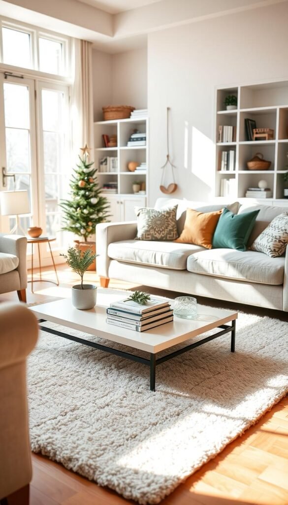 A bright, welcoming living room designed for decluttering, featuring a cozy arrangement of neatly organized furniture. In the foreground, there is a clean, soft area rug with a small coffee table displaying minimalist decor elements, such as a potted plant and a stack of neatly placed books. The middle ground showcases a comfortable couch adorned with decorative cushions, perfectly color-coordinated to evoke a sense of calm. The background reveals well-organized shelves filled with neatly arranged items, emphasizing a decluttered environment. Natural light streams in through large windows, casting soft shadows and creating a serene atmosphere. A warm color palette enhances the inviting mood, suggesting a space ready for pre-holiday preparation. The lens captures the room from a slightly elevated angle, providing an expansive view of the orderly space.