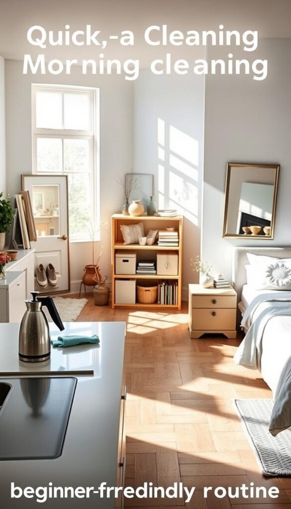 A bright, welcoming living space divided into several distinct areas, each representing a quick cleaning task in a beginner-friendly morning cleaning routine. In the foreground, a tidy kitchen countertop with a fresh pot of coffee and cleaning supplies like a spray bottle and cloth. In the middle, a cozy living room with plumped cushions and a dusted bookshelf. To the left, an organized entryway with neat shoes and a polished mirror, while to the right, a serene bedroom showcasing a made bed with fluffy pillows. Soft natural lighting streams through large windows, casting gentle shadows on the floor. The overall atmosphere is uplifting and motivational, with a modern aesthetic that invites relaxation and cleanliness. A bright, welcoming living space divided into several distinct areas, each representing a quick cleaning task in a beginner-friendly morning cleaning routine. In the foreground, a tidy kitchen countertop with a fresh pot of coffee and cleaning supplies like a spray bottle and cloth. In the middle, a cozy living room with plumped cushions and a dusted bookshelf. To the left, an organized entryway with neat shoes and a polished mirror, while to the right, a serene bedroom showcasing a made bed with fluffy pillows. Soft natural lighting streams through large windows, casting gentle shadows on the floor. The overall atmosphere is uplifting and motivational, with a modern aesthetic that invites relaxation and cleanliness.
