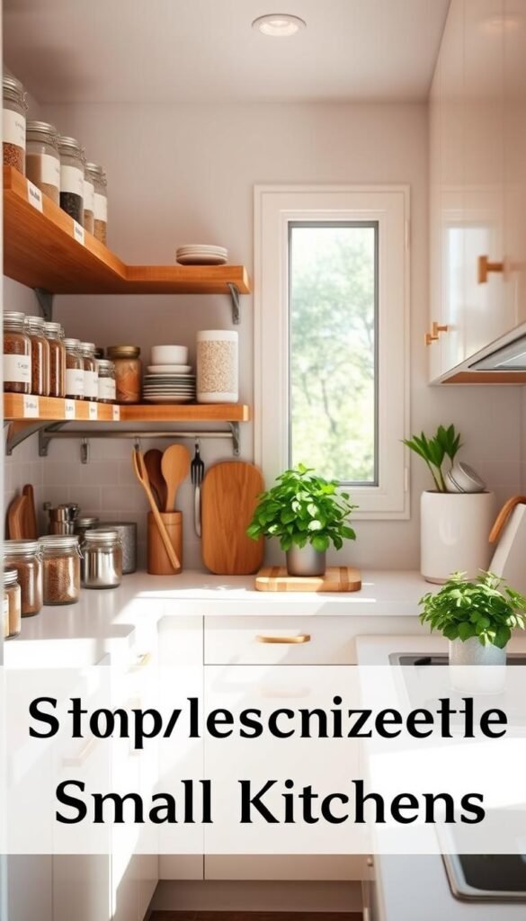 A bright, well-organized small kitchen featuring simple and efficient storage solutions. In the foreground, neatly arranged shelves with labeled jars and containers showcase items like spices, grains, and baking supplies. The middle ground highlights a compact countertop with tidy utensils and a stylish cutting board, while a small herb garden sits in a corner for easy access. The background shows minimalist cabinetry with a soothing color palette, creating an inviting atmosphere. Soft natural light filters through a window, enhancing the warm tones and shadows, giving a sense of openness despite the limited space. The overall mood is calm and inspiring, emphasizing the beauty of organized simplicity in small kitchens.
