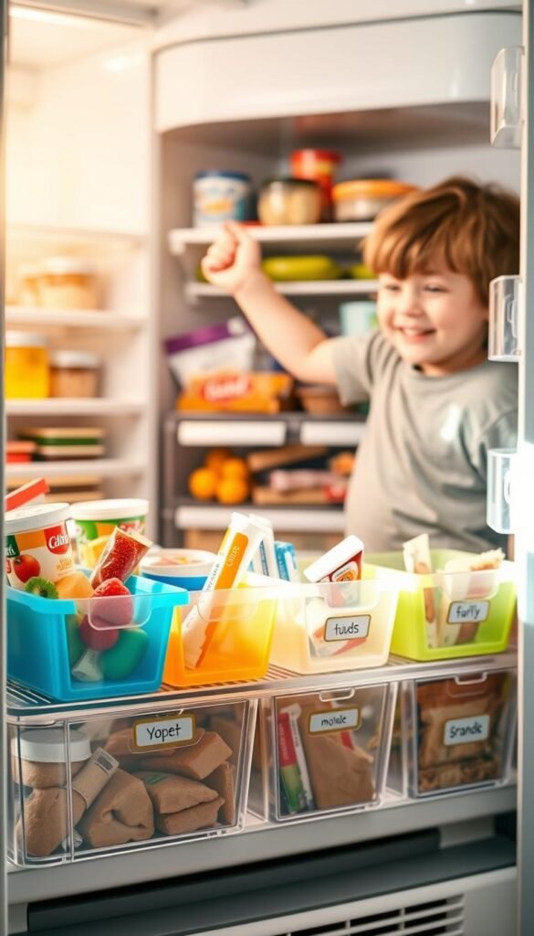 A brightly lit kitchen scene featuring organized kid snack bins at a lower level in a family refrigerator. In the foreground, colorful snack bins made of transparent plastic are filled with an assortment of healthy treats like fruit cups, yogurt tubes, and granola bars, artfully arranged for easy access. In the middle ground, a busy family fridge showcases clear labeling on each bin, highlighting independence and organization. In the background, a cheerful child, dressed in modest casual clothes, reaches for a snack, evoking a sense of empowerment and self-sufficiency. The lighting is warm and inviting, simulating a sunny afternoon, with a slight depth of field to emphasize the snack bins while softly blurring the background. The atmosphere feels vibrant and supportive, perfect for busy family life. A brightly lit kitchen scene featuring organized kid snack bins at a lower level in a family refrigerator. In the foreground, colorful snack bins made of transparent plastic are filled with an assortment of healthy treats like fruit cups, yogurt tubes, and granola bars, artfully arranged for easy access. In the middle ground, a busy family fridge showcases clear labeling on each bin, highlighting independence and organization. In the background, a cheerful child, dressed in modest casual clothes, reaches for a snack, evoking a sense of empowerment and self-sufficiency. The lighting is warm and inviting, simulating a sunny afternoon, with a slight depth of field to emphasize the snack bins while softly blurring the background. The atmosphere feels vibrant and supportive, perfect for busy family life.