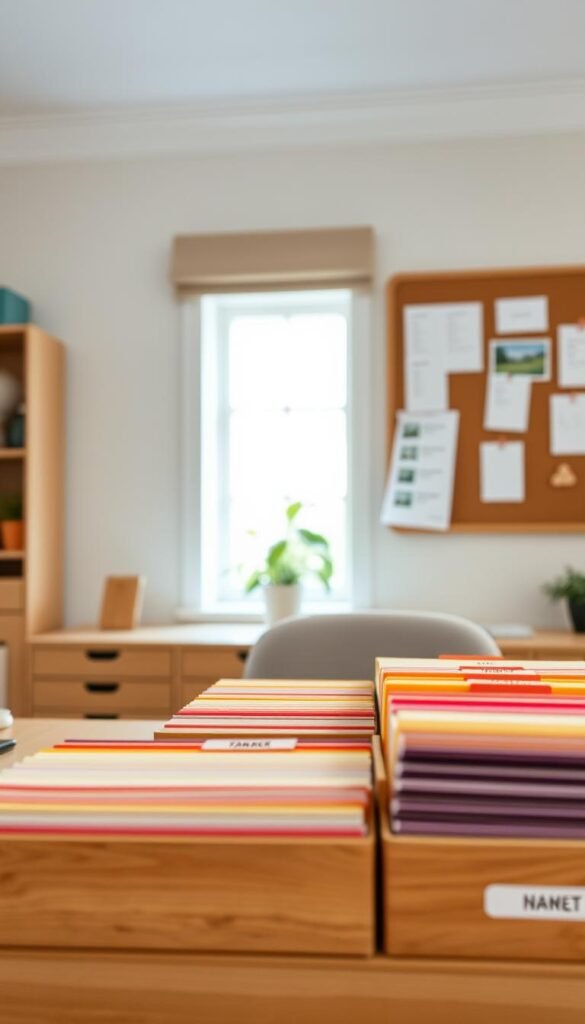 A calm and organized home filing system in a cozy, warmly lit home office. In the foreground, a stylish wooden desk is neatly arranged with color-coded file folders, all labeled clearly, showcasing a sense of order. A soft, natural light filters in from a window in the middle ground, illuminating a potted plant on the windowsill, adding a touch of greenery to the space. On the wall behind the desk, a corkboard displays important documents and reminders, visually emphasizing the importance of organization. The overall atmosphere feels serene and productive, with a gentle color palette of soft blues and earthy tones. The camera angle is slightly elevated, giving a clear view of the filing system and its calming effect on the workspace. A calm and organized home filing system in a cozy, warmly lit home office. In the foreground, a stylish wooden desk is neatly arranged with color-coded file folders, all labeled clearly, showcasing a sense of order. A soft, natural light filters in from a window in the middle ground, illuminating a potted plant on the windowsill, adding a touch of greenery to the space. On the wall behind the desk, a corkboard displays important documents and reminders, visually emphasizing the importance of organization. The overall atmosphere feels serene and productive, with a gentle color palette of soft blues and earthy tones. The camera angle is slightly elevated, giving a clear view of the filing system and its calming effect on the workspace.