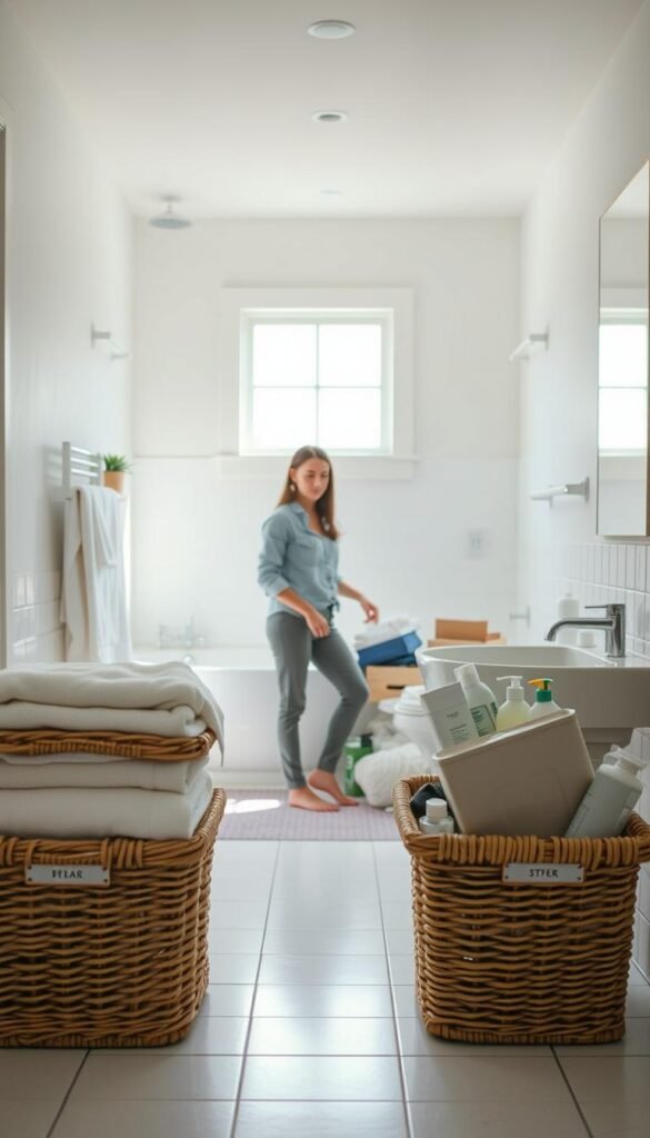 A clean and organized bathroom scene illustrating the step-by-step process of decluttering. In the foreground, show neatly arranged bathroom items, like towels and toiletries in labeled baskets. In the middle, depict a person dressed in neat casual clothing, carefully sorting through a pile of clutter, with a focused yet relaxed expression. The background showcases a bright, airy bathroom with soft natural light filtering through a window, accentuating the fresh and clear atmosphere. Use a slightly elevated angle to capture the entire scene, highlighting the transformation from chaos to clarity. The mood is calm and motivating, inviting the viewer to envision their own decluttering journey.