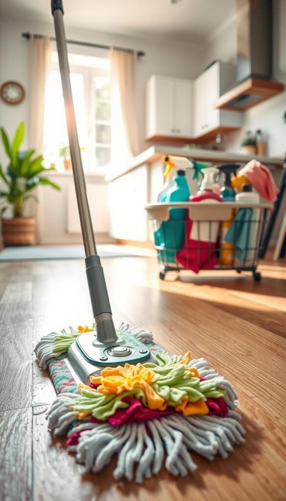 A clean and organized home environment showcasing a daily routine for cleaning. In the foreground, a detailed mop with colorful microfiber pads rests on a freshly mopped wooden floor, droplets of water glistening under soft, natural light. In the middle ground, a well-organized cleaning caddy filled with various supplies, such as eco-friendly cleaning sprays, cloths, and gloves, conveys a sense of preparation and order. In the background, a bright, airy kitchen with sunlight streaming through a window, featuring neatly arranged countertops and a potted plant, evokes a serene atmosphere. The angle is slightly from above, providing a comprehensive view of the cleaning setup. The mood is vibrant, inviting, and emphasizes simplicity in maintaining a clean space. A clean and organized home environment showcasing a daily routine for cleaning. In the foreground, a detailed mop with colorful microfiber pads rests on a freshly mopped wooden floor, droplets of water glistening under soft, natural light. In the middle ground, a well-organized cleaning caddy filled with various supplies, such as eco-friendly cleaning sprays, cloths, and gloves, conveys a sense of preparation and order. In the background, a bright, airy kitchen with sunlight streaming through a window, featuring neatly arranged countertops and a potted plant, evokes a serene atmosphere. The angle is slightly from above, providing a comprehensive view of the cleaning setup. The mood is vibrant, inviting, and emphasizes simplicity in maintaining a clean space.