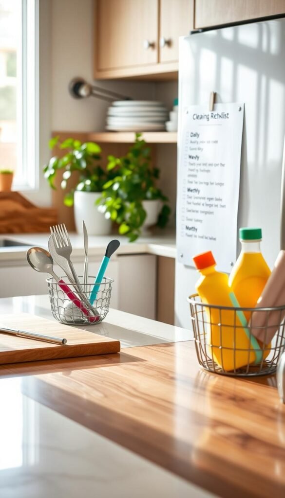 A clean and organized kitchen scene that prominently features a stylish, well-structured cleaning checklist pinned to a corkboard or attached to the refrigerator door. The checklist is neatly arranged with sections for daily, weekly, and monthly tasks, listed in clear bullet points. Foreground includes polished countertops with natural wood accents, shining utensils, and colorful cleaning supplies in a decorative basket. Middle ground features the checklist, well-lit by bright, warm light coming from a window, enhancing the inviting atmosphere of the kitchen. Background shows soft focus elements like a potted herb plant and neatly arranged dishware. The mood is fresh, motivational, and inspiring for maintaining a clean and organized kitchen.