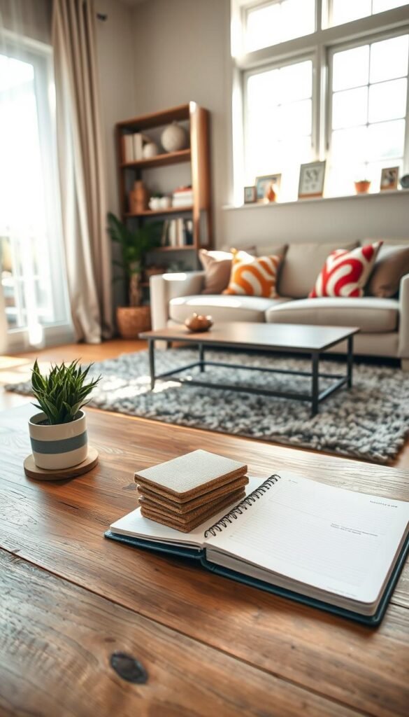 A clean and organized room undergoing a five-minute reset. In the foreground, a wooden coffee table with a neatly stacked set of coasters, a small potted plant, and a stylish notebook open to a fresh page. The middle ground features a cozy, well-arranged living space complete with a soft beige couch adorned with colorful throw pillows and a plush gray rug. Bright, natural lighting streams through large windows, highlighting dust particles in the air and casting gentle shadows. In the background, a wall-mounted bookshelf displays neatly arranged books and decor items, creating a serene atmosphere. The mood is fresh and uplifting, showcasing simplicity and order, evoking a sense of calm and tidiness. A clean and organized room undergoing a five-minute reset. In the foreground, a wooden coffee table with a neatly stacked set of coasters, a small potted plant, and a stylish notebook open to a fresh page. The middle ground features a cozy, well-arranged living space complete with a soft beige couch adorned with colorful throw pillows and a plush gray rug. Bright, natural lighting streams through large windows, highlighting dust particles in the air and casting gentle shadows. In the background, a wall-mounted bookshelf displays neatly arranged books and decor items, creating a serene atmosphere. The mood is fresh and uplifting, showcasing simplicity and order, evoking a sense of calm and tidiness.