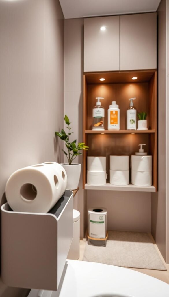 A clean and organized toilet area featuring neatly arranged toilet paper rolls, placed deliberately on a stylish, slim storage shelf. The foreground includes a well-stocked, aesthetically pleasing dispenser with soft, white toilet paper. In the middle, a sleek, modern cabinetry with open storage showcasing essential toiletries like fresh hand sanitizer and scented air fresheners. The background is softly illuminated, creating a serene atmosphere with muted pastel colors on the walls, hinting at a relaxing vibe. A small, green potted plant adds a touch of nature. The lighting is bright yet soft, suggesting a well-lit space, with the camera angle focused slightly downward to capture the essence of organization and accessibility. The overall mood is calm, inviting, and impeccably tidy. A clean and organized toilet area featuring neatly arranged toilet paper rolls, placed deliberately on a stylish, slim storage shelf. The foreground includes a well-stocked, aesthetically pleasing dispenser with soft, white toilet paper. In the middle, a sleek, modern cabinetry with open storage showcasing essential toiletries like fresh hand sanitizer and scented air fresheners. The background is softly illuminated, creating a serene atmosphere with muted pastel colors on the walls, hinting at a relaxing vibe. A small, green potted plant adds a touch of nature. The lighting is bright yet soft, suggesting a well-lit space, with the camera angle focused slightly downward to capture the essence of organization and accessibility. The overall mood is calm, inviting, and impeccably tidy.