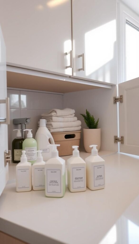 A clean and organized under-sink cabinet displayed in a modern kitchen. In the foreground, neatly arranged containers of cleaning supplies, labeled with minimalistic designs, are visible alongside eco-friendly products. The middle section shows a small stack of towels in soft colors, a stylish wastebasket, and a few decorative plants to add a touch of nature. In the background, soft natural light filters through a nearby window, highlighting the shiny cabinet doors and polished surfaces, creating an inviting atmosphere. The camera angle is slightly above eye level, allowing for a comprehensive view of the entire cabinet setup. The overall mood is fresh, organized, and serene, evoking a sense of calm and efficiency.