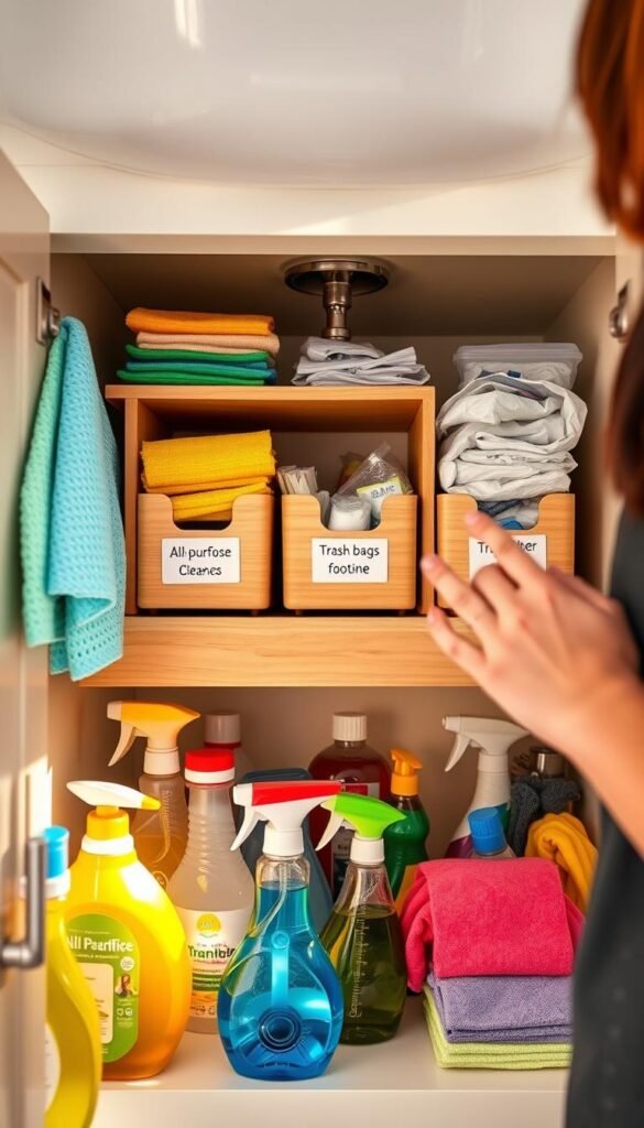 A clean and organized under-sink cabinet filled with various cleaning supplies. In the foreground, neatly arranged bottles of all-purpose cleaner, sponges, and microfiber cloths, showcasing vibrant colors. The middle layer features a wooden shelving unit, with labeled bins for essentials like trash bags and gloves, emphasizing a step-by-step cleaning routine. In the background, soft natural light filters in from a nearby window, casting a warm and inviting glow. The overall atmosphere is fresh and motivating, reflecting a sense of efficiency and calm. A person in casual yet professional attire, demonstrating how to access the supplies comfortably, adds a human touch to the scene. The angle is slightly above eye level, giving a comprehensive view of the organization.