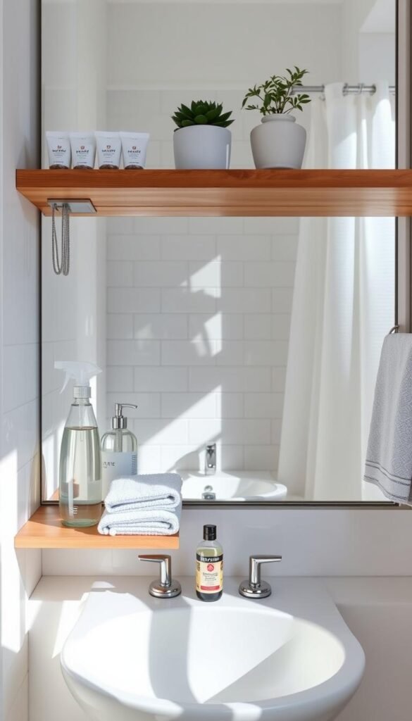 A clean, inviting bathroom setting showcasing practical cleaning tips for a mini-clean routine. In the foreground, a stylish wooden shelf holds neatly arranged cleaning supplies, including a spray bottle, microfiber cloths, and a small potted plant for a touch of greenery. In the middle, a sparkling sink with a few essential toiletries is visible, reflecting soft, natural light from a nearby window. The background features light-colored tiles and a well-maintained shower curtain, adding to the clean atmosphere. The overall mood is fresh and organized, with gentle sunlight illuminating the space, creating a sense of serenity and simplicity. The composition should convey effective, easy habits for maintaining a tidy bathroom. A clean, inviting bathroom setting showcasing practical cleaning tips for a mini-clean routine. In the foreground, a stylish wooden shelf holds neatly arranged cleaning supplies, including a spray bottle, microfiber cloths, and a small potted plant for a touch of greenery. In the middle, a sparkling sink with a few essential toiletries is visible, reflecting soft, natural light from a nearby window. The background features light-colored tiles and a well-maintained shower curtain, adding to the clean atmosphere. The overall mood is fresh and organized, with gentle sunlight illuminating the space, creating a sense of serenity and simplicity. The composition should convey effective, easy habits for maintaining a tidy bathroom.