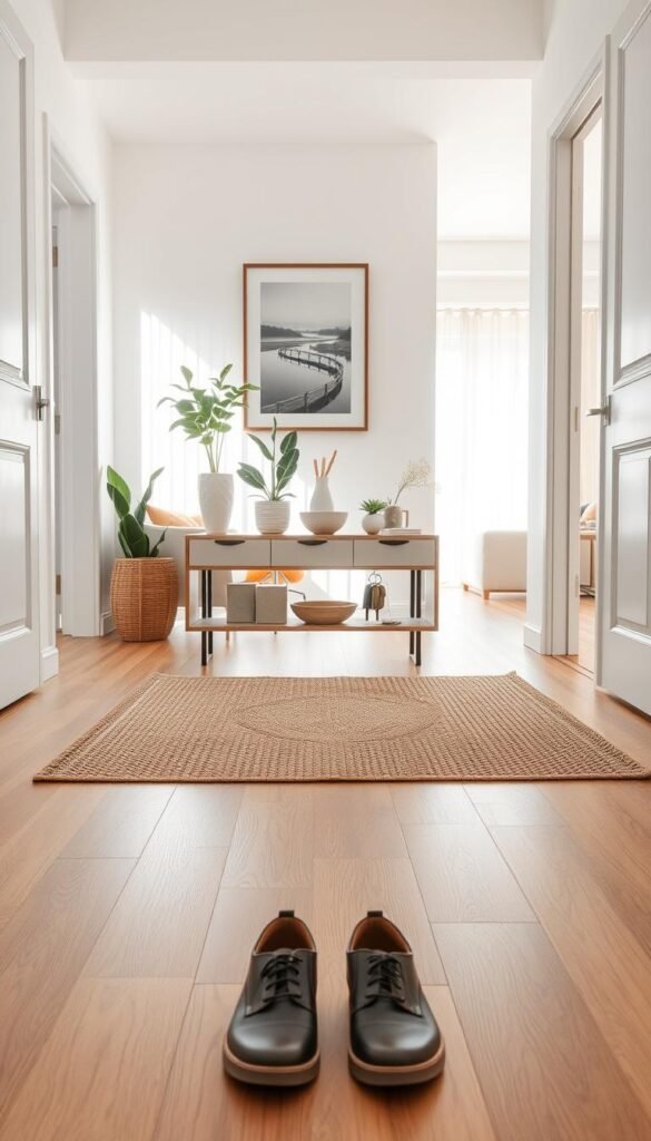 A clean, inviting entryway reset scene, showcasing a well-organized space that enhances daily flow. In the foreground, a freshly mopped wooden floor with a stylish, woven rug where a pair of polished shoes sits neatly. The middle features a sleek console table adorned with potted plants and a decorative bowl for keys, complemented by a framed picture of serene nature. In the background, an open door reveals a bright living area bathed in soft, natural light filtering through sheer curtains. The atmosphere is tranquil and refreshing, evoking a sense of peace and order. The image should emphasize a wide-angle perspective, focusing on the arrangement and simplicity of the space, while maintaining a warm, inviting color palette. A clean, inviting entryway reset scene, showcasing a well-organized space that enhances daily flow. In the foreground, a freshly mopped wooden floor with a stylish, woven rug where a pair of polished shoes sits neatly. The middle features a sleek console table adorned with potted plants and a decorative bowl for keys, complemented by a framed picture of serene nature. In the background, an open door reveals a bright living area bathed in soft, natural light filtering through sheer curtains. The atmosphere is tranquil and refreshing, evoking a sense of peace and order. The image should emphasize a wide-angle perspective, focusing on the arrangement and simplicity of the space, while maintaining a warm, inviting color palette.