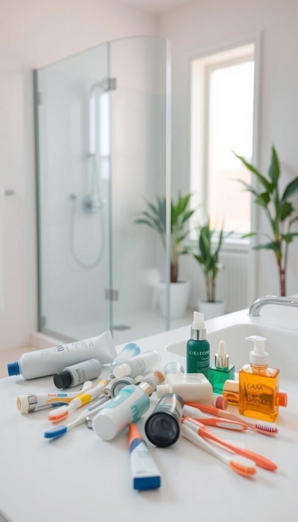 A clean, modern bathroom scene featuring essential items for a minimalist space. In the foreground, there is a neatly arranged collection of commonly discarded bathroom items, like empty shampoo bottles, old toothbrushes, and expired skincare products, all scattered artfully on a clean, white countertop. In the middle, a sleek, glass shower enclosure reflects soft, natural sunlight filtering in from a frosted window. The background captures a serene, lightly colored bathroom with houseplants creating a calming atmosphere. The lighting is bright and gentle, enhancing the clean and organized feel of the space. The composition conveys a sense of simplicity and practicality, focusing on the act of decluttering and refreshness in the bathroom environment. A clean, modern bathroom scene featuring essential items for a minimalist space. In the foreground, there is a neatly arranged collection of commonly discarded bathroom items, like empty shampoo bottles, old toothbrushes, and expired skincare products, all scattered artfully on a clean, white countertop. In the middle, a sleek, glass shower enclosure reflects soft, natural sunlight filtering in from a frosted window. The background captures a serene, lightly colored bathroom with houseplants creating a calming atmosphere. The lighting is bright and gentle, enhancing the clean and organized feel of the space. The composition conveys a sense of simplicity and practicality, focusing on the act of decluttering and refreshness in the bathroom environment.