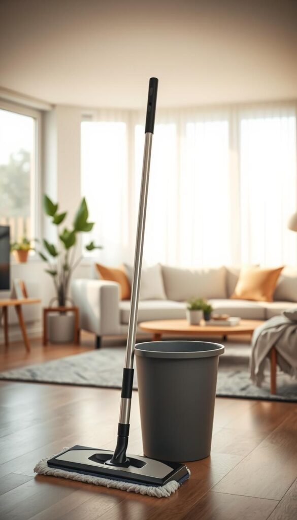 A clean, organized interior showcasing a serene living space, emphasizing a "room-by-room mop" cleaning system. In the foreground, a sleek, modern mop stands beside a stylish bucket, catching subtle reflections of the warm, ambient light. The middle layer features a beautifully arranged room with a tidy sofa, potted plants, and a coffee table, indicating a freshly cleaned environment. In the background, sunlight streams through large windows, illuminating soft, neutral colors of the walls and decor to create a welcoming atmosphere. Use a lens with a slight depth of field to focus on the mop while maintaining clarity in the background. The mood is calm and inviting, inspiring a sense of accomplishment and ease in cleaning. A clean, organized interior showcasing a serene living space, emphasizing a "room-by-room mop" cleaning system. In the foreground, a sleek, modern mop stands beside a stylish bucket, catching subtle reflections of the warm, ambient light. The middle layer features a beautifully arranged room with a tidy sofa, potted plants, and a coffee table, indicating a freshly cleaned environment. In the background, sunlight streams through large windows, illuminating soft, neutral colors of the walls and decor to create a welcoming atmosphere. Use a lens with a slight depth of field to focus on the mop while maintaining clarity in the background. The mood is calm and inviting, inspiring a sense of accomplishment and ease in cleaning.