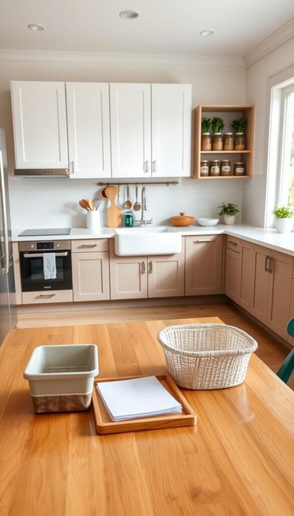 A clean, organized kitchen designed for efficiency, featuring a spacious layout with clear zones for cooking, cleaning, and storage. In the foreground, a polished wooden table holds simple organizing tools, such as a pair of baskets and a notepad. The middle ground showcases sleek cabinets and countertops, with a bright sink area and well-arranged utensils, all reflecting natural light from a large window. The background reveals a well-stocked pantry with labeled jars and a herb garden on the windowsill, adding a touch of greenery. Soft, warm lighting enhances the inviting atmosphere. Capture this room from a slightly elevated angle to give a comprehensive view, emphasizing the harmony and order of the kitchen space, inspiring viewers to replicate these systems for efficient cleaning.