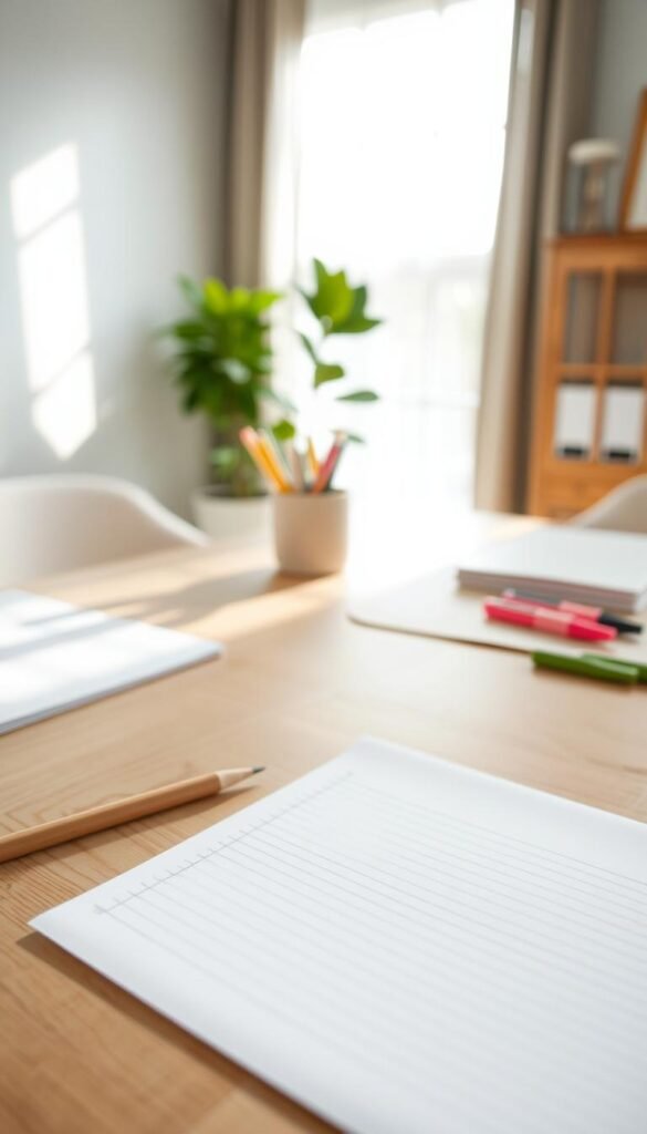A clean, organized workspace featuring a single sheet of one surface rule paper placed prominently in the foreground. The paper is filled with neat, precise lines, hinting at structured notes or sketches, with a soft pencil lying beside it. In the middle ground, a minimalistic wooden desk is adorned with a small, potted plant and a tidy stack of other stationery items such as highlighters and a ruler, all bathed in soft, natural lighting streaming in from a nearby window. The background is a blurred, serene home office setting with light-colored walls and a calming atmosphere, evoking a sense of tranquility and focus. The overall mood is peaceful and inviting, emphasizing simplicity and clarity. The image should be shot from a slightly elevated angle to capture the workspace's layout effectively.