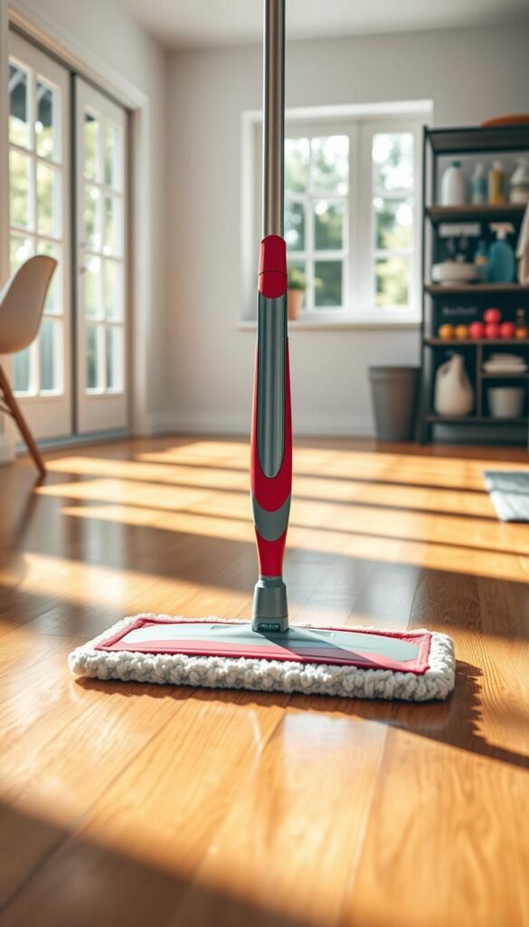 A close-up of a modern mop designed for a bucketless cleaning system, featuring a sleek, ergonomic handle and a microfiber cleaning pad. The mop should be positioned in the foreground with a shiny hardwood floor beneath it, reflecting the mop's vibrant colors. In the middle ground, depict a well-lit room with large windows allowing natural light to flood in, creating a warm and inviting atmosphere. Soft shadows fall across the floor, enhancing the textures. In the background, include a stylish utility cabinet with cleaning supplies neatly organized, emphasizing a clutter-free cleaning environment. The overall mood should convey efficiency and simplicity in home cleaning. A close-up of a modern mop designed for a bucketless cleaning system, featuring a sleek, ergonomic handle and a microfiber cleaning pad. The mop should be positioned in the foreground with a shiny hardwood floor beneath it, reflecting the mop's vibrant colors. In the middle ground, depict a well-lit room with large windows allowing natural light to flood in, creating a warm and inviting atmosphere. Soft shadows fall across the floor, enhancing the textures. In the background, include a stylish utility cabinet with cleaning supplies neatly organized, emphasizing a clutter-free cleaning environment. The overall mood should convey efficiency and simplicity in home cleaning.
