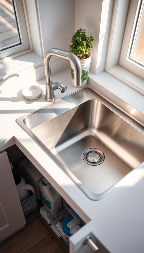 A close-up view of a modern kitchen sink situated in a bright and airy kitchen setting. The sink is made of stainless steel, with a sleek, minimalist design, and is surrounded by an organized under-sink cabinet. Visible are clear plastic bins filled with cleaning supplies and neatly arranged dishcloths. The countertop above the sink is spotless, featuring a stylish soap dispenser and a small potted herb plant for a touch of color. Soft natural light streams in through a nearby window, casting gentle shadows and highlighting the cleanliness and organization of the space. The atmosphere is fresh and inviting, ideal for showcasing effective under-sink organization ideas. The angle captures the sink from a slight overhead perspective, emphasizing both the sink and the organized storage below.