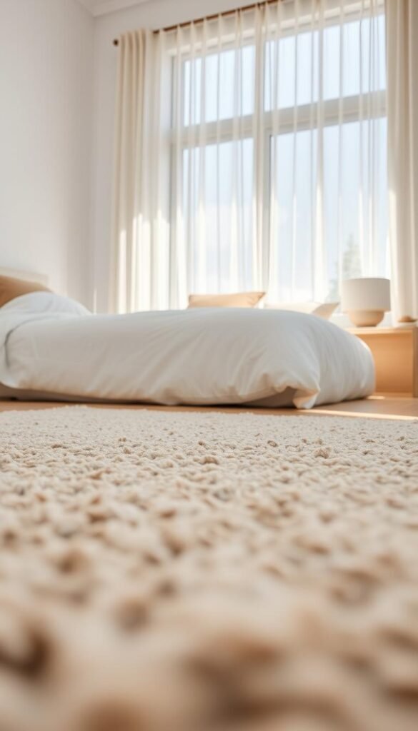 A close-up view of minimalist bedroom textures and materials, focusing on clean lines and warm natural elements. In the foreground, a plush, textured beige area rug lies on smooth light wood flooring. The middle ground features a simple, unadorned white bed with an organic cotton duvet, accented by soft, tactile throw pillows in muted earth tones. On the nightstand, a ceramic lamp with a matte finish softly illuminates the space, creating gentle shadows. The background showcases a large window framed by sheer curtains that diffuse the sunlight, casting a warm glow throughout the room. The overall mood is serene and inviting, emphasizing simplicity and warmth with an airy, spacious feel. The angle is slightly elevated to capture the layered textures effectively, emphasizing the harmony of materials in a minimalist design.