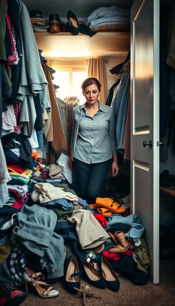 A cluttered closet filled with mismatched clothes, shoes scattered everywhere, and accessories tangled together, creating a sense of chaos. In the foreground, a disheveled pile of clothes spills out of a half-open wardrobe door, with a pair of shoes lying on the floor. In the middle, a professional woman wearing modest casual clothing appears overwhelmed as she sorts through the mess, with an expression of frustration. The background features a dimly lit room, with soft, natural light streaming in through a window, casting gentle shadows. The atmosphere conveys the struggle of decluttering, highlighting the common wardrobe woes that many face. A cluttered closet filled with mismatched clothes, shoes scattered everywhere, and accessories tangled together, creating a sense of chaos. In the foreground, a disheveled pile of clothes spills out of a half-open wardrobe door, with a pair of shoes lying on the floor. In the middle, a professional woman wearing modest casual clothing appears overwhelmed as she sorts through the mess, with an expression of frustration. The background features a dimly lit room, with soft, natural light streaming in through a window, casting gentle shadows. The atmosphere conveys the struggle of decluttering, highlighting the common wardrobe woes that many face.