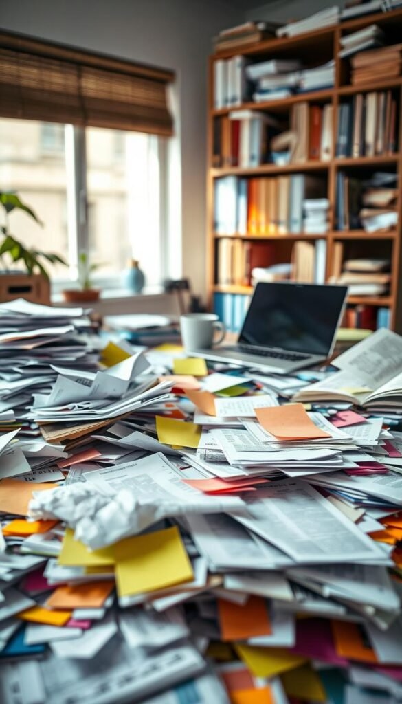 A cluttered desk overflowing with assorted papers and documents, with crumpled sheets, sticky notes in vibrant colors, and a few open books scattered over the surface. In the foreground, a close-up view of a tangled mess of paperwork, such as bills and receipts, showcasing the chaos of paper clutter. The middle ground features a partially visible cup of coffee and a laptop, hinting at a busy work environment. In the background, a slightly blurred bookshelf filled with neatly organized folders and personal items, contrasting with the disorder in the foreground. Soft, natural light streams in from a nearby window, casting gentle shadows that enhance the disorganized feel. The mood is a mix of urgency and overwhelm, illustrating the common struggle of managing paper clutter in a workspace.