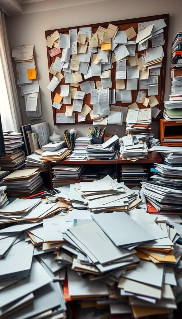 A cluttered home office workspace filled with piles of unopened mail, scattered documents, and various stationery supplies. In the foreground, a messy desk shows overflowing folders, half-opened envelopes, and sticky notes in disarray. The middle layer captures a corkboard crammed with important reminders and cluttered receipts, while an inbox filled to the brim rests precariously on the desktop. In the background, soft morning light filters through a window, casting gentle shadows that enhance the chaotic yet relatable atmosphere. A slight overhead angle focuses on the chaos, conveying a sense of overwhelm. The scene evokes the tension of untamed paperwork, inviting the viewer to consider the possible transformation into a more organized state. A cluttered home office workspace filled with piles of unopened mail, scattered documents, and various stationery supplies. In the foreground, a messy desk shows overflowing folders, half-opened envelopes, and sticky notes in disarray. The middle layer captures a corkboard crammed with important reminders and cluttered receipts, while an inbox filled to the brim rests precariously on the desktop. In the background, soft morning light filters through a window, casting gentle shadows that enhance the chaotic yet relatable atmosphere. A slight overhead angle focuses on the chaos, conveying a sense of overwhelm. The scene evokes the tension of untamed paperwork, inviting the viewer to consider the possible transformation into a more organized state.