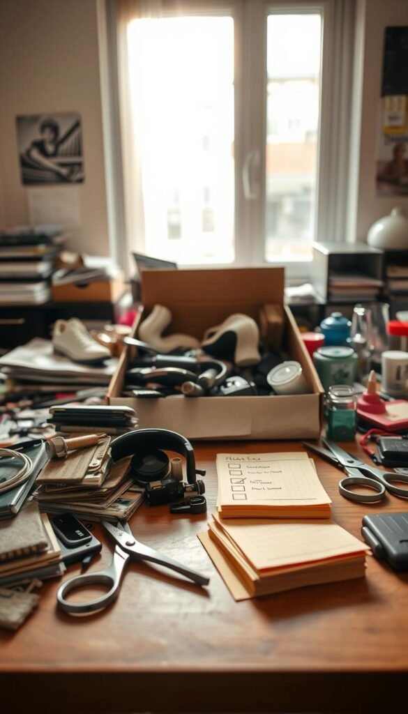 A cluttered yet organized workspace table filled with various items to throw away, symbolizing decluttering. In the foreground, a partially opened cardboard box revealing old magazines, worn-out shoes, broken gadgets, and empty containers. In the middle ground, a pair of scissors and a stack of sticky notes with a checklist design, emphasizing the action of decluttering. The background features a bright window with soft sunlight streaming in, casting gentle shadows across the table, creating an airy atmosphere. The colors are warm, reflecting a sense of motivation and positivity. The angle is slightly elevated, capturing the essence of a productive space ready for tidying up. No people are present, maintaining focus on the items themselves. A cluttered yet organized workspace table filled with various items to throw away, symbolizing decluttering. In the foreground, a partially opened cardboard box revealing old magazines, worn-out shoes, broken gadgets, and empty containers. In the middle ground, a pair of scissors and a stack of sticky notes with a checklist design, emphasizing the action of decluttering. The background features a bright window with soft sunlight streaming in, casting gentle shadows across the table, creating an airy atmosphere. The colors are warm, reflecting a sense of motivation and positivity. The angle is slightly elevated, capturing the essence of a productive space ready for tidying up. No people are present, maintaining focus on the items themselves.