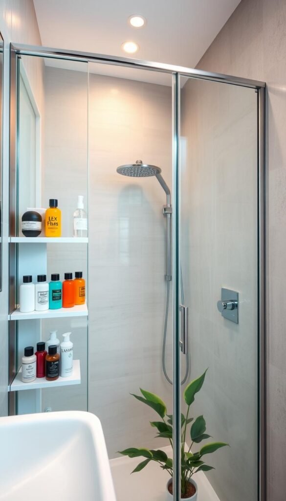 A contemporary corner shower in a small bathroom, featuring a sleek glass enclosure and a modern tension pole for storage. The foreground showcases organized shelves with neatly arranged shower supplies, such as vibrant shampoos and decorative containers. In the middle ground, the corner shower is captured from a slightly elevated angle, allowing a view of the spacious, minimalist design with high-quality tile work and a chrome showerhead. The background includes subtle hints of soft, warm lighting illuminating the space, creating a calming ambiance. The bathroom features neutral tones, with a small plant adding a touch of greenery to enhance the serene atmosphere. The overall mood is fresh and inviting, perfect for inspiring small bathroom design solutions.