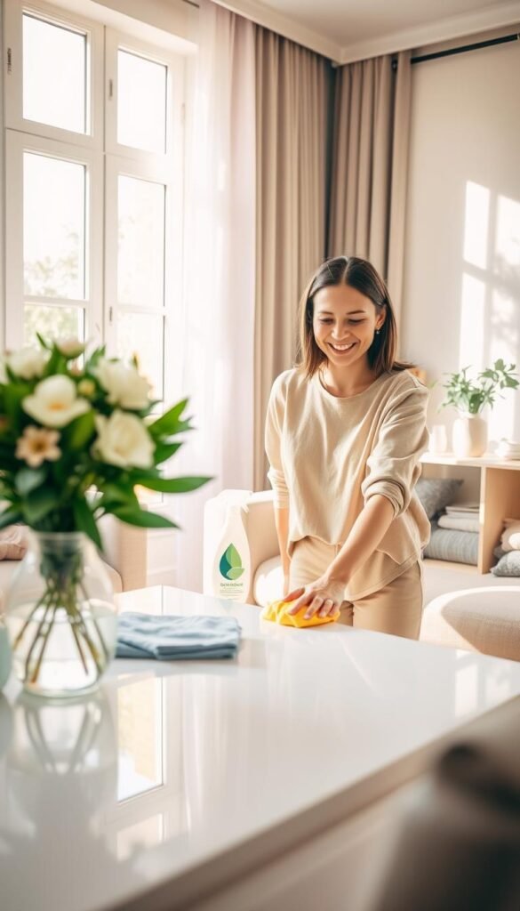 A cozy and bright living room scene, featuring a woman in modest casual clothing, gently cleaning surfaces with a microfiber cloth. In the foreground, she smiles as she wipes a table adorned with a vase of fresh flowers. In the middle, a neat arrangement of cleaning supplies like eco-friendly sprays and cloths are organized on a stylish shelf. In the background, warm sunlight streams through a large window, casting soft shadows, highlighting the comfort and cleanliness of the space. The atmosphere feels peaceful and inviting, showcasing the daily habit of maintaining a tidy home with joy and ease. The angle is slightly above eye level, providing a clear view of the woman’s content expression and the organized room. A cozy and bright living room scene, featuring a woman in modest casual clothing, gently cleaning surfaces with a microfiber cloth. In the foreground, she smiles as she wipes a table adorned with a vase of fresh flowers. In the middle, a neat arrangement of cleaning supplies like eco-friendly sprays and cloths are organized on a stylish shelf. In the background, warm sunlight streams through a large window, casting soft shadows, highlighting the comfort and cleanliness of the space. The atmosphere feels peaceful and inviting, showcasing the daily habit of maintaining a tidy home with joy and ease. The angle is slightly above eye level, providing a clear view of the woman’s content expression and the organized room.