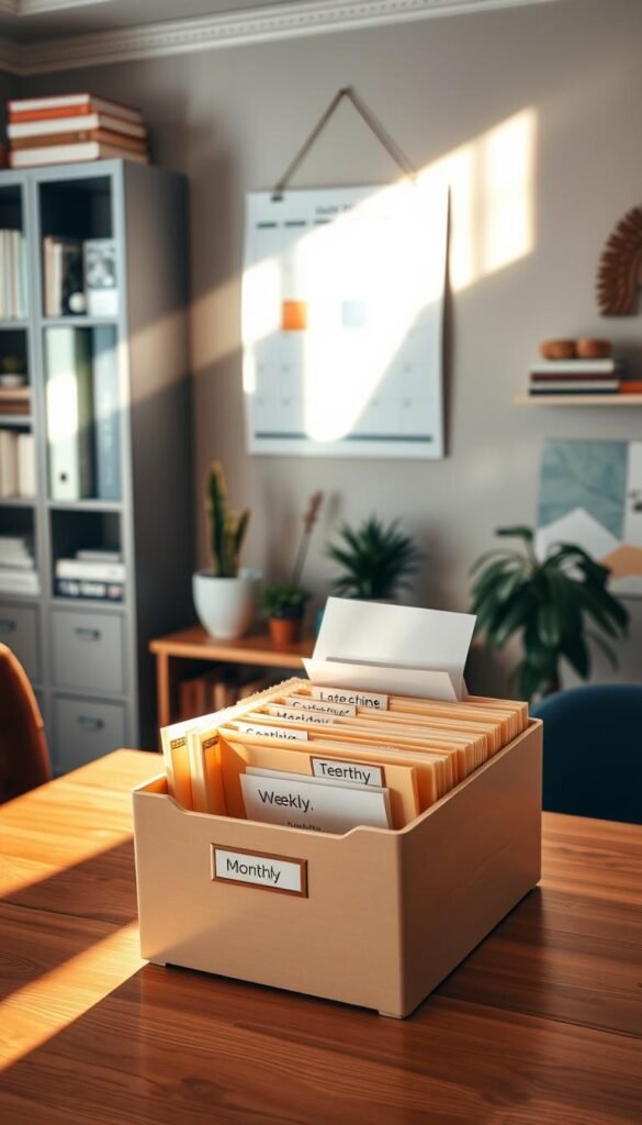 A cozy and organized home office, showcasing a "paper routine" concept. In the foreground, a wooden desk is neatly arranged with a minimalistic file organizer holding labeled folders for daily, weekly, and monthly papers. Soft morning light streams in through a window, creating a warm glow across the scene. In the middle, a stylish calendar hangs on the wall, displaying a few key dates highlighted, emphasizing the systematic approach to handling paperwork. Potted plants add a touch of life to the office environment. In the background, a bookshelf filled with neatly stacked books and decorative items conveys a sense of order. The atmosphere is calm and productive, inviting viewers to embrace an efficient paper clutter system.