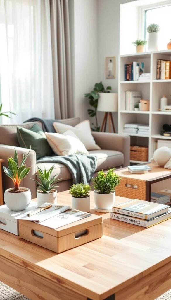 A cozy and organized living room scene depicting a decluttering system in action. In the foreground, a neatly arranged coffee table with stylish storage boxes, potted plants, and decluttering guides. In the middle, a comfortable couch adorned with soft cushions and a throw blanket, showcasing a calm atmosphere. To the right, a well-organized bookshelf filled with books and decorative items, emphasizing simplicity and cleanliness. In the background, a bright, sunlit window with sheer curtains allows natural light to flood the room, creating an inviting environment. The overall mood is relaxed and inspiring, perfect for anyone looking for a step-by-step decluttering system. Use bright, soft lighting to enhance warmth and positivity, with a shallow depth of field to keep the focus on the decluttering setup. A cozy and organized living room scene depicting a decluttering system in action. In the foreground, a neatly arranged coffee table with stylish storage boxes, potted plants, and decluttering guides. In the middle, a comfortable couch adorned with soft cushions and a throw blanket, showcasing a calm atmosphere. To the right, a well-organized bookshelf filled with books and decorative items, emphasizing simplicity and cleanliness. In the background, a bright, sunlit window with sheer curtains allows natural light to flood the room, creating an inviting environment. The overall mood is relaxed and inspiring, perfect for anyone looking for a step-by-step decluttering system. Use bright, soft lighting to enhance warmth and positivity, with a shallow depth of field to keep the focus on the decluttering setup.