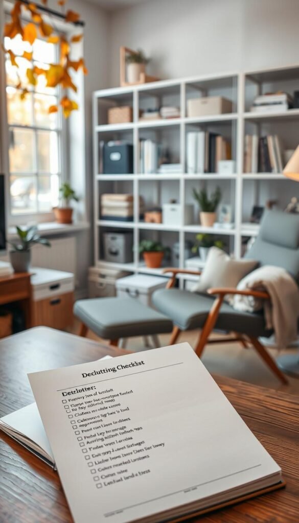 A cozy and organized room setting reflecting a decluttering checklist for seasonal cleaning. In the foreground, a stylish wooden desk displays an open notebook with a neatly written checklist detailing items to declutter, such as clothes, books, and kitchenware. A relaxing chair sits nearby, surrounded by a few storage boxes and neatly folded blankets. In the middle ground, a well-arranged shelf showcases freshly organized books and decorative items, while a small indoor plant adds a touch of greenery. The background features a softly lit window with autumn leaves gently falling outside, creating a warm, inviting atmosphere. Utilize natural lighting to enhance the warmth, shot at a slight angle that captures both the checklist and the inviting room ambiance.