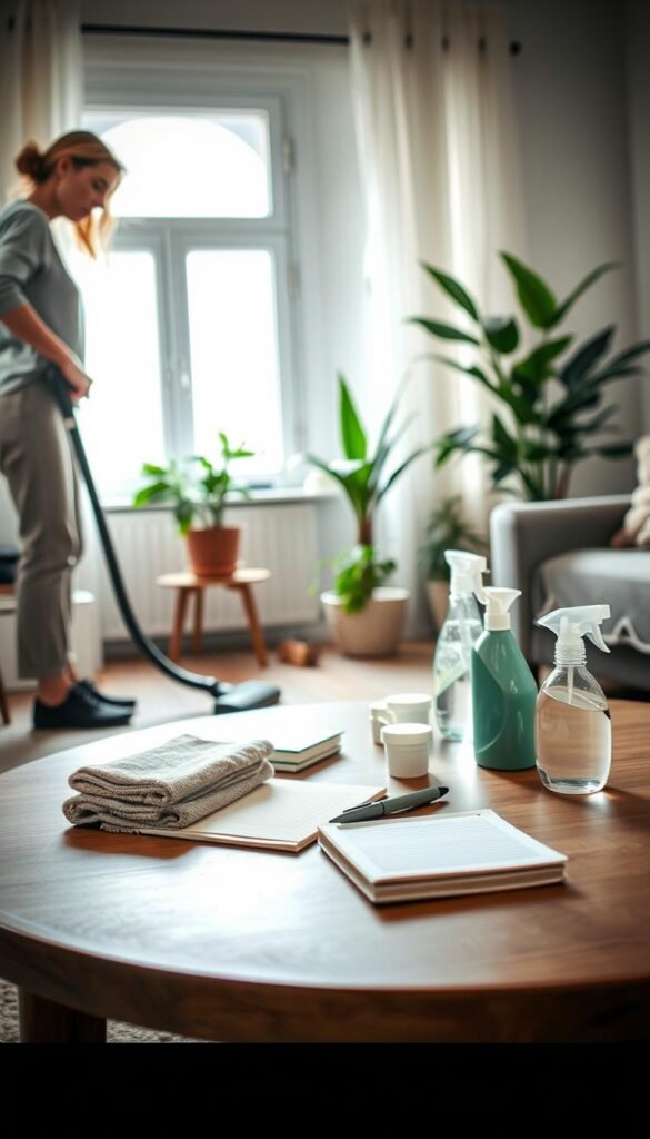 A cozy and well-organized living room showcasing daily routines for home care. In the foreground, a person in modest casual clothing is efficiently tidying up with a vacuum cleaner, demonstrating proactive cleaning habits. In the middle, a neat coffee table has a notepad and pen alongside neatly arranged cleaning supplies like cloths and eco-friendly sprays, symbolizing preparation and ease in daily tasks. The background shows a bright window with soft natural light streaming in, illuminating fresh houseplants and an inviting ambiance. The overall mood is calm and organized, reflecting a harmonious and clean home environment. Use a soft focus lens to enhance the warmth and positive atmosphere, conveying a sense of lightness and simplicity in home care routines. A cozy and well-organized living room showcasing daily routines for home care. In the foreground, a person in modest casual clothing is efficiently tidying up with a vacuum cleaner, demonstrating proactive cleaning habits. In the middle, a neat coffee table has a notepad and pen alongside neatly arranged cleaning supplies like cloths and eco-friendly sprays, symbolizing preparation and ease in daily tasks. The background shows a bright window with soft natural light streaming in, illuminating fresh houseplants and an inviting ambiance. The overall mood is calm and organized, reflecting a harmonious and clean home environment. Use a soft focus lens to enhance the warmth and positive atmosphere, conveying a sense of lightness and simplicity in home care routines.