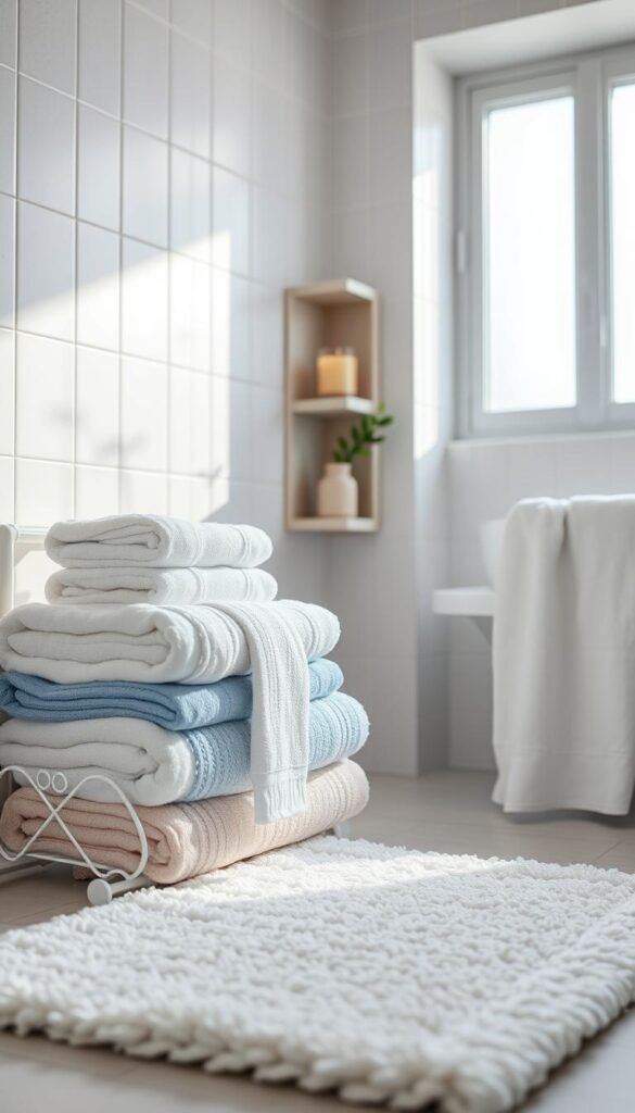 A cozy bathroom scene featuring neatly stacked bath towels in harmonious colors like soft white, pastel blue, and light gray. The towels are perfectly folded, with a few artfully draped over a decorative rack. In the foreground, a plush bath mat complements the towel arrangement. The middle ground displays an elegantly tiled wall with a minimalistic shelf holding a scented candle and a small plant, adding a touch of serenity. In the background, soft natural light streams in from a frosted window, creating a warm and inviting atmosphere. Capture this scene from a slightly angled perspective to emphasize depth and texture, highlighting the softness of the towels and the calm ambiance of the bathroom space. A cozy bathroom scene featuring neatly stacked bath towels in harmonious colors like soft white, pastel blue, and light gray. The towels are perfectly folded, with a few artfully draped over a decorative rack. In the foreground, a plush bath mat complements the towel arrangement. The middle ground displays an elegantly tiled wall with a minimalistic shelf holding a scented candle and a small plant, adding a touch of serenity. In the background, soft natural light streams in from a frosted window, creating a warm and inviting atmosphere. Capture this scene from a slightly angled perspective to emphasize depth and texture, highlighting the softness of the towels and the calm ambiance of the bathroom space.