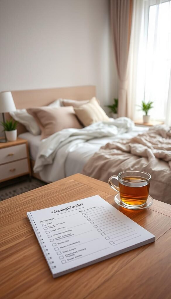 A cozy bedroom scene featuring a beautifully organized weekly cleaning checklist on a stylish wooden desk. In the foreground, the checklist is neatly arranged on a pastel-colored notepad, with a cup of herbal tea beside it. The middle layer includes soft, fluffy bedding in soothing colors, with a well-made bed adorned with decorative pillows. On the bedside table, there are small potted plants, adding a touch of greenery. The background showcases a softly lit window covered with sheer curtains, allowing natural light to illuminate the room. The overall mood is serene and inviting, promoting a sense of tranquility and freshness, perfect for the theme of maintaining a tidy bedroom. A cozy bedroom scene featuring a beautifully organized weekly cleaning checklist on a stylish wooden desk. In the foreground, the checklist is neatly arranged on a pastel-colored notepad, with a cup of herbal tea beside it. The middle layer includes soft, fluffy bedding in soothing colors, with a well-made bed adorned with decorative pillows. On the bedside table, there are small potted plants, adding a touch of greenery. The background showcases a softly lit window covered with sheer curtains, allowing natural light to illuminate the room. The overall mood is serene and inviting, promoting a sense of tranquility and freshness, perfect for the theme of maintaining a tidy bedroom.