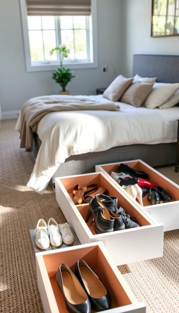 A cozy bedroom scene featuring stylish under-bed drawers specifically designed for shoe storage. In the foreground, display sleek, open drawers showcasing a variety of neatly organized shoes, from casual sneakers to elegant heels, arranged by season. The middle ground illustrates a well-made bed with soft linens and decorative pillows, enhancing the room’s organized look. In the background, soft natural light streams in through a window, illuminating the space and casting gentle shadows. Add a touch of greenery, like a small potted plant on a bedside table, to create a fresh, inviting atmosphere. The image should convey a sense of order and tranquility, highlighting the practicality and aesthetics of under-bed shoe organization.