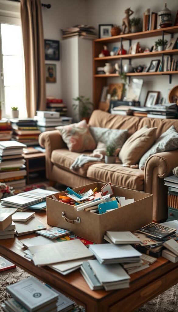 A cozy, cluttered living room scene filled with various household items: scattered books, magazines, a few mismatched cushions, and a variety of decorative knick-knacks. In the foreground, a wooden coffee table holds a half-opened storage box spilling over with colorful craft supplies and papers. The middle ground features a worn, comfortable sofa with cushions askew and a small plant accidentally knocked over, adding to the disarray. In the background, a window showcases a soft, warm light filtering in, creating an inviting atmosphere. The composition should convey a sense of gentle chaos, encouraging viewers to reflect on the importance of decluttering while maintaining a homely, lived-in feeling. The angle is slightly tilted for a dynamic perspective, capturing the full essence of clutter in a relatable way. A cozy, cluttered living room scene filled with various household items: scattered books, magazines, a few mismatched cushions, and a variety of decorative knick-knacks. In the foreground, a wooden coffee table holds a half-opened storage box spilling over with colorful craft supplies and papers. The middle ground features a worn, comfortable sofa with cushions askew and a small plant accidentally knocked over, adding to the disarray. In the background, a window showcases a soft, warm light filtering in, creating an inviting atmosphere. The composition should convey a sense of gentle chaos, encouraging viewers to reflect on the importance of decluttering while maintaining a homely, lived-in feeling. The angle is slightly tilted for a dynamic perspective, capturing the full essence of clutter in a relatable way.