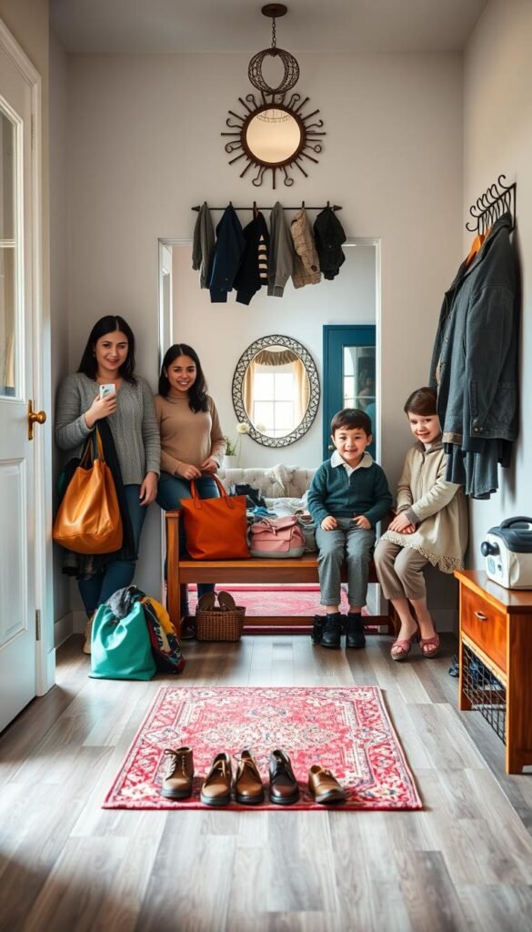 A cozy entryway scene featuring a diverse family, including two parents and two children, dressed in modest casual clothing. In the foreground, a welcoming wooden bench holds colorful bags and neatly hung coats, while a pair of children playfully organize their shoes nearby. The middle section shows a spacious area with a bright rug and a decorative mirror on the wall, reflecting a warm and inviting atmosphere. In the background, a stylish coat rack displays various outerwear, and a door leads outside, letting in soft, natural light. The scene captures the joy of family life amidst everyday clutter, evoking a sense of togetherness and collaboration in managing daily gear. The angle is slightly elevated, offering a comprehensive view of the entryway layout.