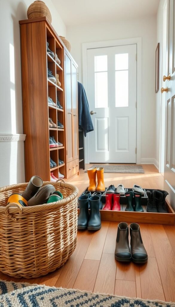 A cozy entryway scene showcasing an organized shoe area. In the foreground, a stylish woven basket filled with various pairs of shoes in vivid colors sits beside a sleek wooden shoe cabinet with multiple compartments. The middle ground features a practical boot tray neatly lined with wellington boots and sneakers, arranged by size and style. The background displays a soft, inviting entryway with natural light streaming through a nearby window, casting gentle shadows. Use a wide-angle lens to capture the harmonious arrangement and the warm, welcoming atmosphere of the space, creating a sense of order and style in the entryway. A cozy entryway scene showcasing an organized shoe area. In the foreground, a stylish woven basket filled with various pairs of shoes in vivid colors sits beside a sleek wooden shoe cabinet with multiple compartments. The middle ground features a practical boot tray neatly lined with wellington boots and sneakers, arranged by size and style. The background displays a soft, inviting entryway with natural light streaming through a nearby window, casting gentle shadows. Use a wide-angle lens to capture the harmonious arrangement and the warm, welcoming atmosphere of the space, creating a sense of order and style in the entryway.