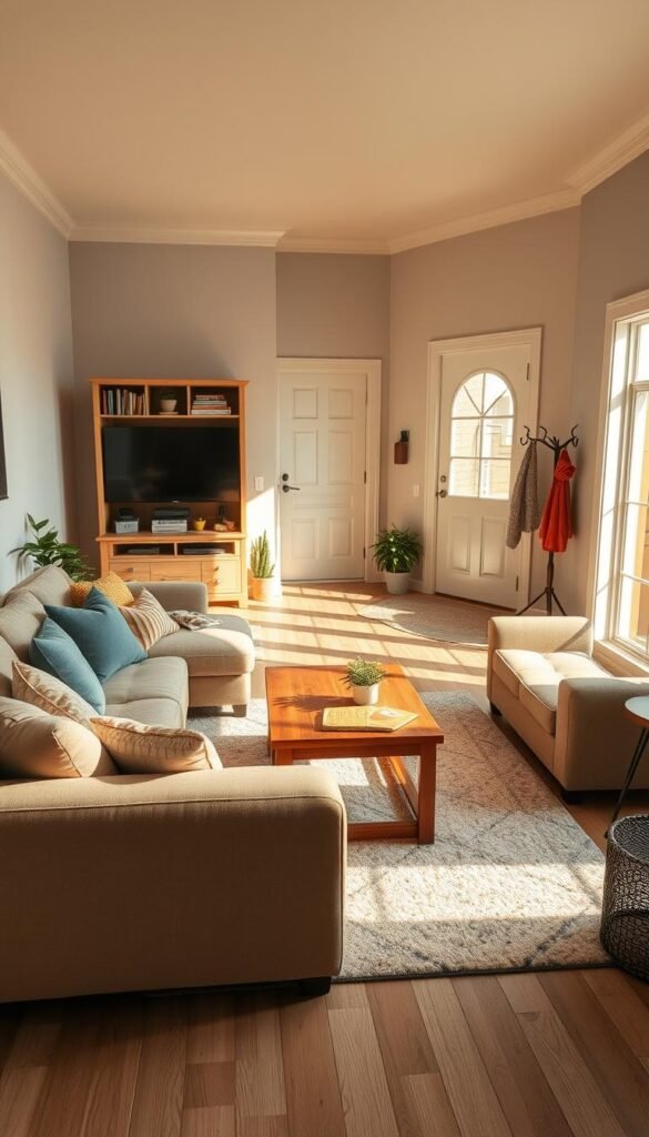 A cozy family room designed for high-traffic use, featuring a spacious layout. In the foreground, a plush, beige sectional sofa adorned with colorful throw pillows invites relaxation, while a large coffee table in natural wood sits at the center. The middle ground showcases a well-organized entertainment unit, tastefully decorated with books and plants. A soft area rug ties the seating area together, adding warmth. The background reveals a bright entryway with a large window, letting in warm, golden sunlight that casts gentle shadows. A welcoming door and stylish coat rack complement the space. The atmosphere is inviting and functional, perfect for quick resets in a lively home. Capture the scene with natural lighting, using a slightly elevated angle for depth. A cozy family room designed for high-traffic use, featuring a spacious layout. In the foreground, a plush, beige sectional sofa adorned with colorful throw pillows invites relaxation, while a large coffee table in natural wood sits at the center. The middle ground showcases a well-organized entertainment unit, tastefully decorated with books and plants. A soft area rug ties the seating area together, adding warmth. The background reveals a bright entryway with a large window, letting in warm, golden sunlight that casts gentle shadows. A welcoming door and stylish coat rack complement the space. The atmosphere is inviting and functional, perfect for quick resets in a lively home. Capture the scene with natural lighting, using a slightly elevated angle for depth.
