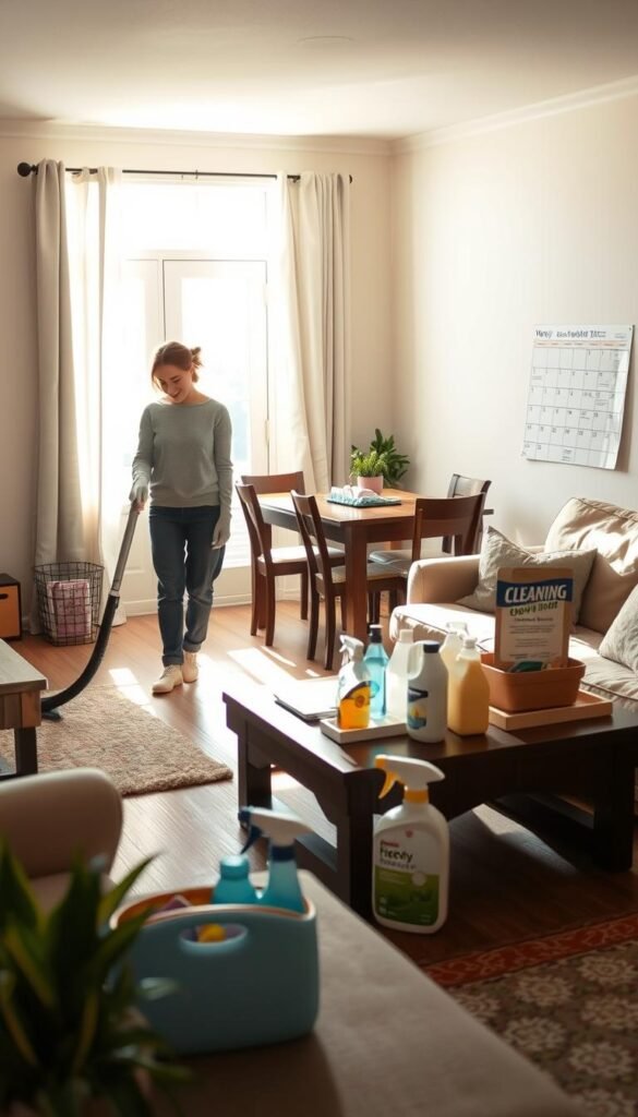 A cozy home interior depicting a daily cleaning routine in progress. In the foreground, a person in comfortable yet modest casual clothing is cheerfully vacuuming a living room with sunlight streaming through a window, creating a warm atmosphere. The middle section features a tidy dining area with organized cleaning supplies on a table, showcasing a simple system for maintaining order. In the background, a calendar on the wall highlights a weekly cleaning schedule, emphasizing the theme of routine. Soft, natural lighting enhances the homey feel, captured from a slightly elevated angle to give a clear view of the entire space. The overall mood is light, encouraging, and visually inviting, illustrating an approachable and efficient cleaning process.