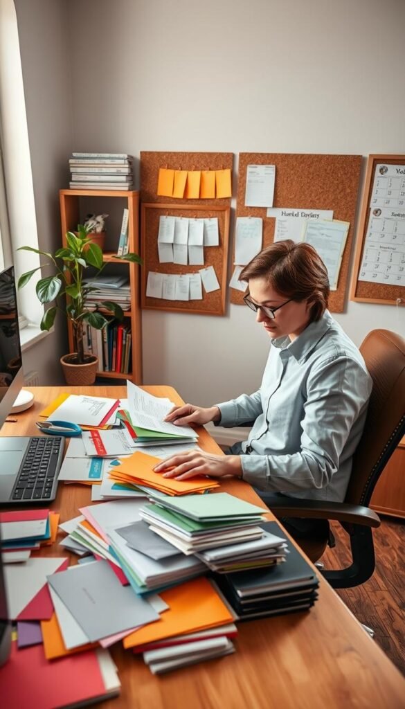 A cozy home office scene capturing a morning daily routine centered around mail organization. In the foreground, a person in smart casual attire is seated at a well-organized desk, sorting through letters and papers with a focused expression. Colorful envelopes and various documents are spread out, showcasing a disciplined approach to managing incoming papers. In the middle ground, a corkboard displays monthly reminders and an organized calendar. The background features a bookshelf filled with neatly stacked books and a potted plant adding a touch of greenery. Soft, natural light filters through a nearby window, creating a warm and inviting atmosphere. The angle is slightly above desk level, emphasizing the organized workspace while conveying a sense of productivity and calm. A cozy home office scene capturing a morning daily routine centered around mail organization. In the foreground, a person in smart casual attire is seated at a well-organized desk, sorting through letters and papers with a focused expression. Colorful envelopes and various documents are spread out, showcasing a disciplined approach to managing incoming papers. In the middle ground, a corkboard displays monthly reminders and an organized calendar. The background features a bookshelf filled with neatly stacked books and a potted plant adding a touch of greenery. Soft, natural light filters through a nearby window, creating a warm and inviting atmosphere. The angle is slightly above desk level, emphasizing the organized workspace while conveying a sense of productivity and calm.
