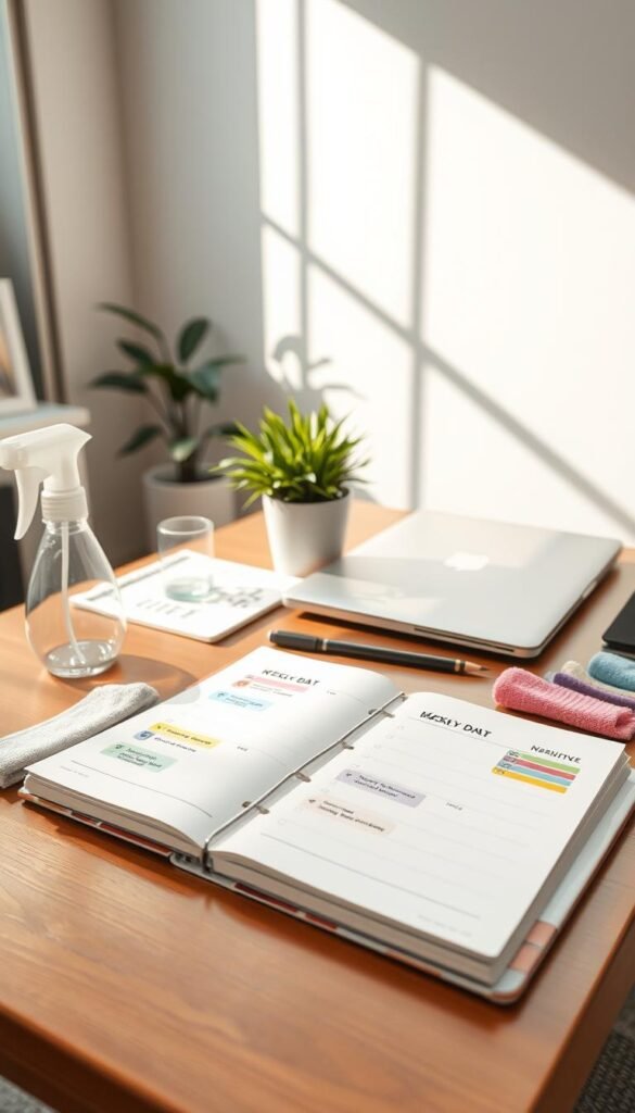 A cozy home workspace featuring a well-organized desk with a planner and cleaning supplies, such as a spray bottle and microfiber cloth. In the foreground, a bright white planner opened to a weekly cleaning schedule, with colorful stickers highlighting tasks. In the middle, an indoor plant adds a touch of greenery next to a modern laptop. In the background, sunlight streams through a large window, casting soft shadows on the wall, creating a warm and inviting atmosphere. The overall mood conveys a sense of calm and productivity, emphasizing a quick-start system for a realistic weekly routine. Use soft, natural lighting to enhance the inviting feel, with a focus on clarity and simplicity. A cozy home workspace featuring a well-organized desk with a planner and cleaning supplies, such as a spray bottle and microfiber cloth. In the foreground, a bright white planner opened to a weekly cleaning schedule, with colorful stickers highlighting tasks. In the middle, an indoor plant adds a touch of greenery next to a modern laptop. In the background, sunlight streams through a large window, casting soft shadows on the wall, creating a warm and inviting atmosphere. The overall mood conveys a sense of calm and productivity, emphasizing a quick-start system for a realistic weekly routine. Use soft, natural lighting to enhance the inviting feel, with a focus on clarity and simplicity.