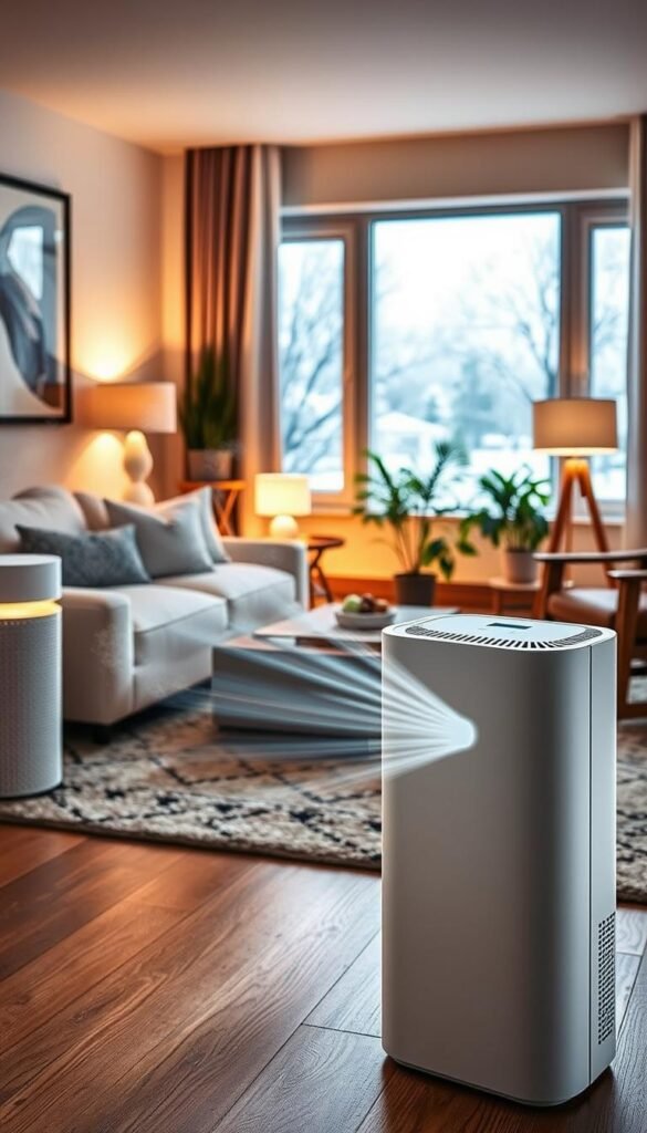 A cozy indoor living space illustrating improved air quality during winter. In the foreground, a sleek air purifier with a visibly clean design, letting out gentle waves of fresh air. To the left, a high-efficiency particulate air (HEPA) filter and an elegant humidifier with soft steam rising, indicating humidity balance. In the middle, a large window reveals a snowy landscape outside, while indoor plants thrive, emphasizing natural air purification. The background features warm, ambient lighting from stylish lamps, creating a welcoming atmosphere. The scene conveys comfort and health, with soft textures like plush rugs and wooden furniture, all while showcasing the importance of indoor air quality for winter wellness. A cozy indoor living space illustrating improved air quality during winter. In the foreground, a sleek air purifier with a visibly clean design, letting out gentle waves of fresh air. To the left, a high-efficiency particulate air (HEPA) filter and an elegant humidifier with soft steam rising, indicating humidity balance. In the middle, a large window reveals a snowy landscape outside, while indoor plants thrive, emphasizing natural air purification. The background features warm, ambient lighting from stylish lamps, creating a welcoming atmosphere. The scene conveys comfort and health, with soft textures like plush rugs and wooden furniture, all while showcasing the importance of indoor air quality for winter wellness.