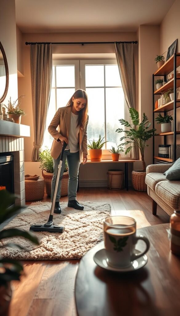 A cozy indoor scene focused on winter cleaning for better indoor air quality. In the foreground, a person dressed in professional casual clothing is gently vacuuming a plush area rug next to a warm fireplace with a steaming cup of herbal tea on a nearby table. In the middle ground, sunlight streams through large, frosted windows, illuminating freshly cleaned surfaces and potted indoor plants that purify the air. In the background, shelves display neatly organized cleaning supplies and cozy winter decor. The atmosphere is warm and inviting, evoking a sense of calm and tranquility, with soft shadows and a gentle glow enhancing the serene environment. The lens should capture the scene from a slightly elevated angle to highlight both the cleaning activity and the inviting indoor space. A cozy indoor scene focused on winter cleaning for better indoor air quality. In the foreground, a person dressed in professional casual clothing is gently vacuuming a plush area rug next to a warm fireplace with a steaming cup of herbal tea on a nearby table. In the middle ground, sunlight streams through large, frosted windows, illuminating freshly cleaned surfaces and potted indoor plants that purify the air. In the background, shelves display neatly organized cleaning supplies and cozy winter decor. The atmosphere is warm and inviting, evoking a sense of calm and tranquility, with soft shadows and a gentle glow enhancing the serene environment. The lens should capture the scene from a slightly elevated angle to highlight both the cleaning activity and the inviting indoor space.