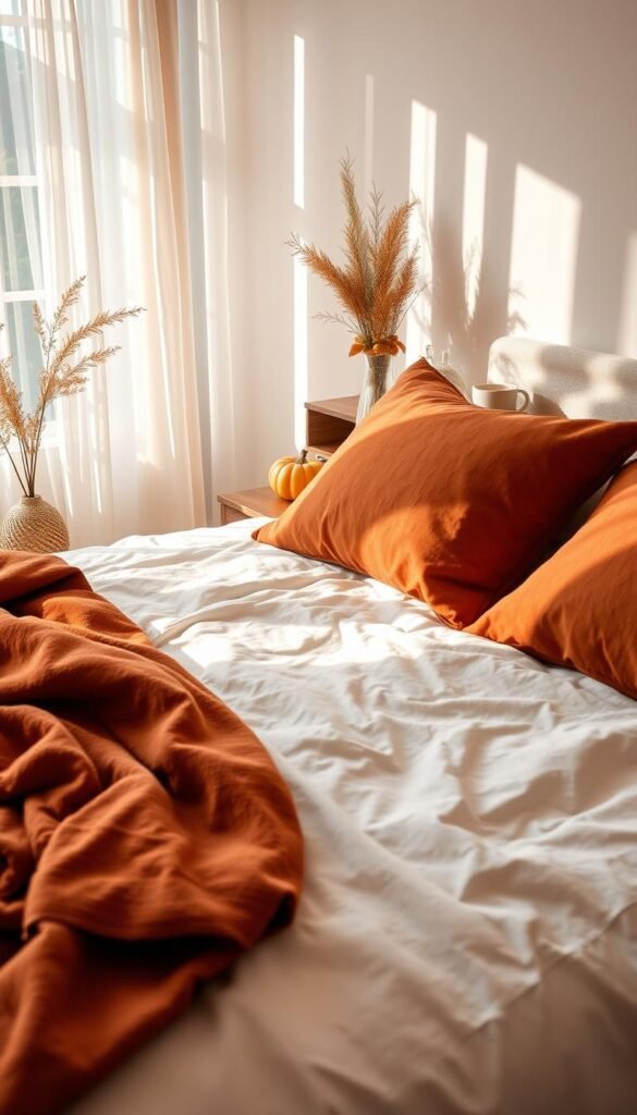 A cozy, inviting bedroom scene featuring neatly arranged sheets in warm autumnal colors, such as deep oranges and rich browns. In the foreground, a pristine bed is dressed with plush, fluffy pillows and a heavy, textured blanket. The middle ground showcases a stylish wooden nightstand adorned with a steaming cup of herbal tea and a small pumpkin for seasonal flair. In the background, soft morning light filters through sheer curtains, casting gentle shadows across the room, enhancing the warm and serene atmosphere. The angle is slightly elevated, capturing the entire bed and surrounding decor, embodying a sense of comfort and tranquility perfect for a fall morning in a peaceful home.