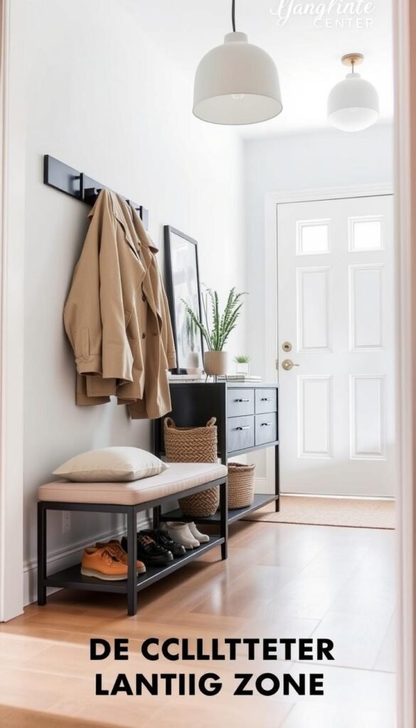 A cozy, inviting entryway landing zone that promotes decluttering and organization. In the foreground, a stylish shoe rack holds neatly arranged shoes alongside a small decorative bench with soft cushions. To the side, a modern coat stand supports a few lightweight jackets, all in neutral tones. The middle layer features a console table adorned with minimalistic decor: a small plant, a few organized mail items, and a chic bowl for keys. In the background, a well-lit door welcomes natural light, complemented by soft, ambient lighting from a contemporary hanging lamp. The atmosphere is serene and organized, conveying a sense of calm and order, ideal for setting the stage for a clutter-free home. The image is captured at eye level with a slightly wide-angle lens to emphasize depth and structure. A cozy, inviting entryway landing zone that promotes decluttering and organization. In the foreground, a stylish shoe rack holds neatly arranged shoes alongside a small decorative bench with soft cushions. To the side, a modern coat stand supports a few lightweight jackets, all in neutral tones. The middle layer features a console table adorned with minimalistic decor: a small plant, a few organized mail items, and a chic bowl for keys. In the background, a well-lit door welcomes natural light, complemented by soft, ambient lighting from a contemporary hanging lamp. The atmosphere is serene and organized, conveying a sense of calm and order, ideal for setting the stage for a clutter-free home. The image is captured at eye level with a slightly wide-angle lens to emphasize depth and structure.